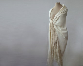 large silk fringed shawl, cream silk shawl, piano shawl, silk challis, bohemian, oversized silk shawl, cream, off white, silk wrap tassels