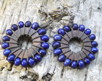 Earrings "Purple sun" from wooden beads and coconut