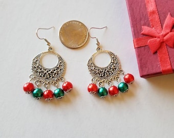 Christmas earrings, Red and Green earrings, Chandellier earrings, Christmas Jewelry.