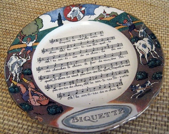 Vintage French Musical Plate, Biquette about a Goat and Cabbage, as is
