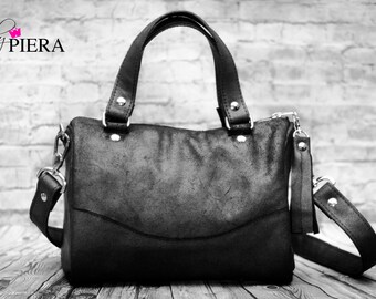 barrel bag, real leather, black, gunmetal, suede, handbag, purse, leather