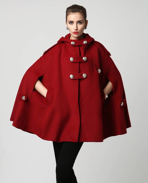 Wool cape winter cape red wool cape womens hooded cape