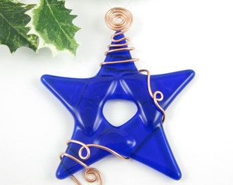 Blue Glass Star Christmas Ornament - Cobalt Blue Fused Glass - Handmade Glass Star Christmas Tree Ornament - Star Suncatcher