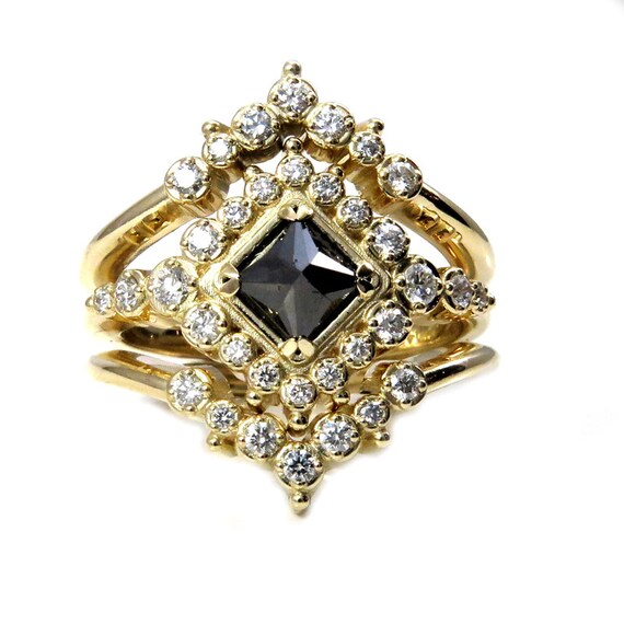 Gold Bohemian Engagement Ring Set - Black Square Daimond with Tiny White Diamonds and Crown Wedding Bands