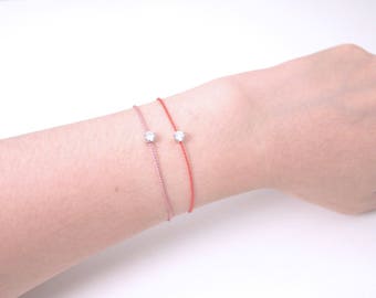 Cubic Zirconia Round Stone 4mm Round/Square Plate Silk Cord Bracelet