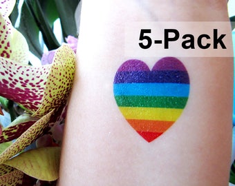 Rainbow Heart Tattoo 5 Set - Jewel Flash Tattoos - LGBT Temporary Tattoos - Beach Tattoos - Summer Love Tat Pack - Colorful Tats Gay Pride