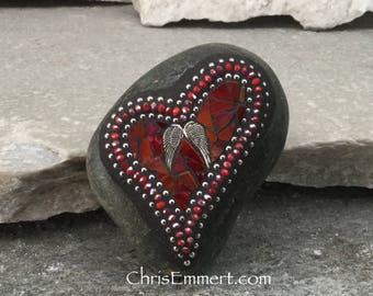 Red Valentine Heart, Angel Wings, Mosaic Paperweight / Garden Stone