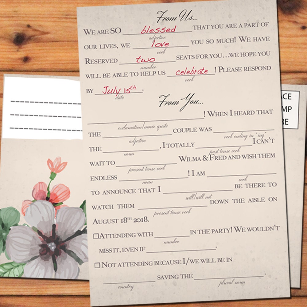 Ad Lib / Mad Lib Wedding RSVP Customized Watercolor Floral