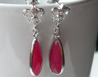 Silver Fleur de Lis Paris Inspired Earrings Romantic Red Teardrop Fleur de Lis Post Earring
