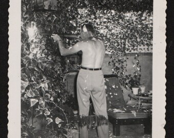 Vintage Snapshot Shirtless Man From Behind Points Rifle at Neighbors 1940's, Original Found Photo, Vernacular Photography
