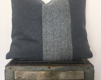 Grey herringbone and charcoal wool pillow cover/ 20x20