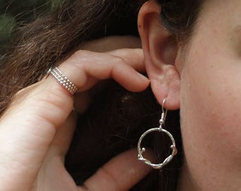 Sterling Silver Dangle Earrings, Hoop with Vine, Botanical, women, eco friendly