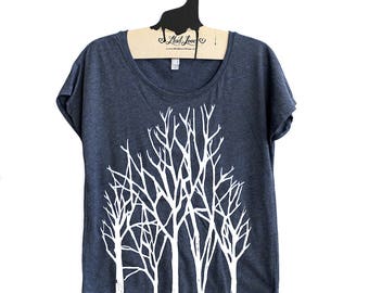 Sale Small- Tri-Blend Navy Dolman Tee with Branch Trees Screen Print