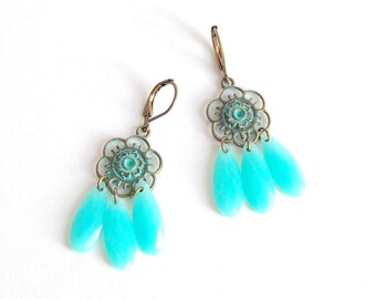 Shaman - Earrings Bohemian bronze and turquoise color with flowers and Pearl drops
