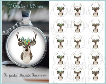 Christmas Bottle Cap 1 " Digital Collage / Images. Woodland / Deer theme. Perfect for jewelry, magnets, scrapbooking, etc!