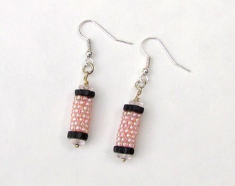 Pink Beaded Earrings - Pink Peyote Earrings - Peyote Tube Earrings