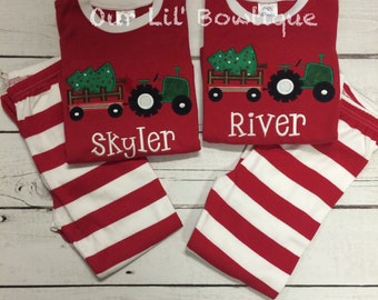 PRE-ORDER - Christmas Tractor- Boy's Christmas PJs- Christmas Tree - Personalized Christmas PJs - Christmas Tractor -Tractor Pajamas-Tractor
