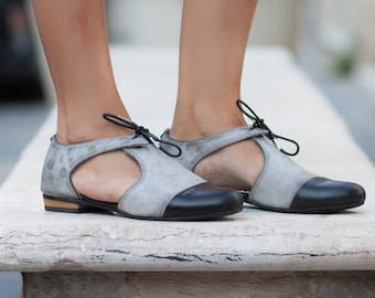 New! Leather Sandals, Leather flats, Leather Shoes, Oxfords, Summer Shoes, Women Shoes, Flats, Gray Sandals , Free Shipping