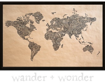 large artistic world map on canvas or pin board henna mehndi designs