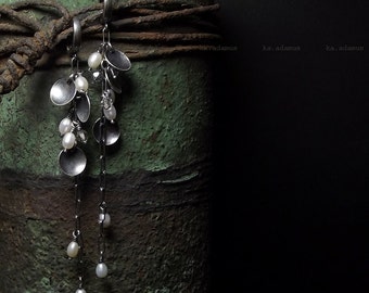 Freshwater pearls earrings Swarovski crystal Sterling silver Oxidized Handmade Long earrings