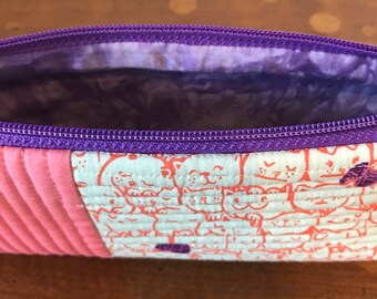 Coral Kitten Pencil Pouch - Purple Yarn - Quilted
