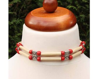 Native American vintage style bone hair pipe choker, red bead necklace, navajo indian inspired boho necklace, western cowgirl choker