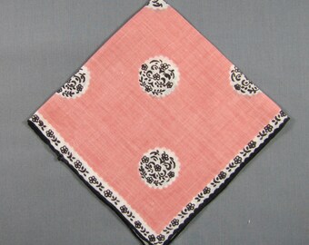 Pink with Brown Medallions & Border Vintage HANKIE Handkerchief