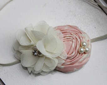 Vintage Pink and Ivory Flower Headband, Baby headband, ivory headband, Newborn Headband, Baby Girl Flower Headband, Photography Prop