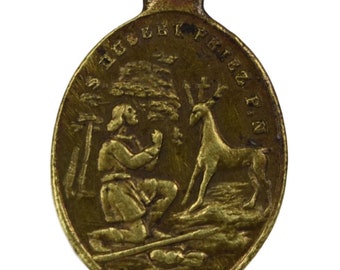 Saint Hubert & Saint Roch Medal, French Antique Brass Religious Pendant, Saint Patron of Hunter Stag, Protection Against Cholera