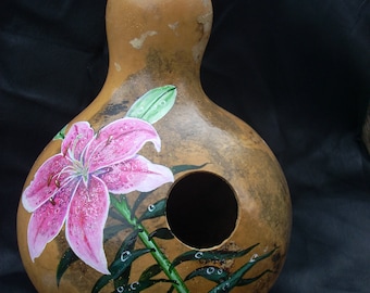 Hand Painted Gourd- Birdhouse with Lily