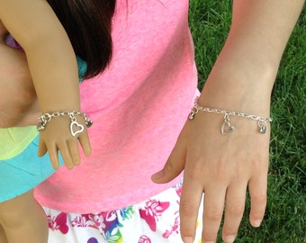 My doll and me matching heart charm silver plated bracelets for girls and their American Girl doll and/or other 18" dolls, Valentine's