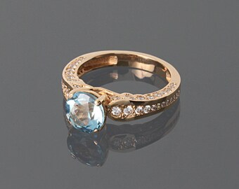 Anniversary ring, Topaz ring, Rose gold ring, Statement ring, Blue topaz ring, Round stone ring, Anniversary gift her, Gift for her ring