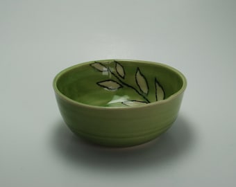 Handmade Ceramic Bowl | Wheel Thrown Pottery Bowl | Hand-Painted Bowl | Celedon Leaf
