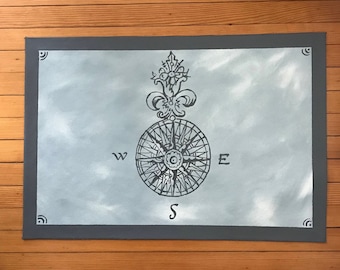 24 x 34 Dark Gray on Blue Compass Rose Floor Cloth