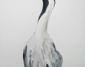 Original watercolour painting of Red-crowned crane, watercolour bird painting, crane painting