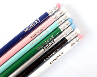 Cute set of 7 pencils with erasers - days of the week in silver foil