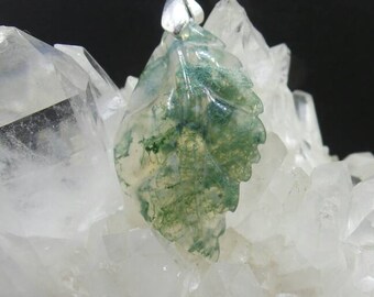 Moss Agate Carved Leaf Pendant.