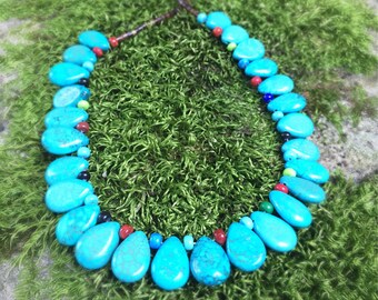 Turquoise Necklace, Glass Beads, Genuine Turquoise, Turquoise Stone, Colorful Necklace, Healing Jewelry, Healing Stones, Turquoise Jewelry
