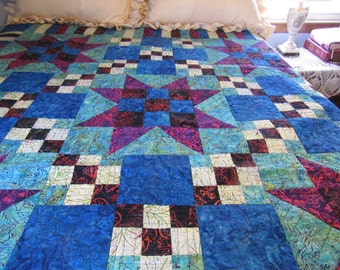 Homemade handmade quilt, Batik quilt, Batik Star Quilt, large lap quilt, livingroom decor, twin bed quilt
