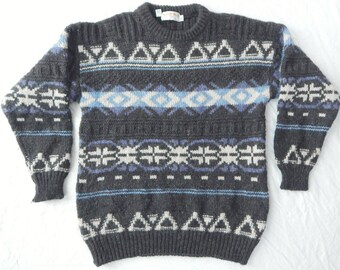 Thick Wool Knit Heavy Gray Black Geometric Pullover Sweater - Medium Mens