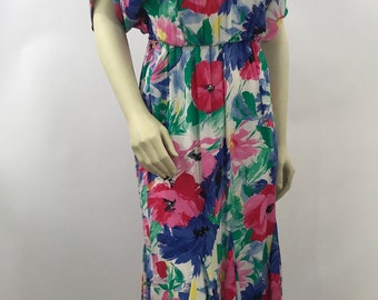 Vintage 80s Floral Dress/ 80s does 40s Spring Dress/E.D. Michaels Rayon Print Dress/Batwing Big Shoulder Dress/Wiggle Dress/Godet Midi Dress