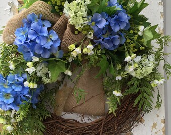 Spring Wreath for Front Door, Hydrangea Wreath, Blue Wreath, Front Door Wreath