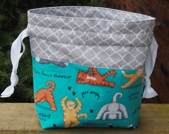 Cat Yoga Drawstring Knitting Project Bag/ Pockets/ Measuring Tape