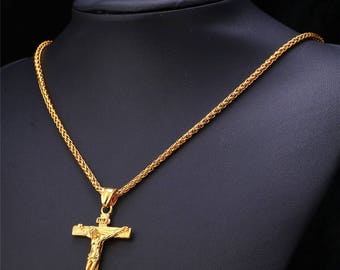 18kt Gold Plated Cross Crucifix Necklace and Chain for Men and Women