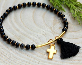 Elastic Boho Bracelet with Mini Tassel, Gold Plated Tube and Cross Charm, Bohemian Jewelry Designs, Best Unique Gifts / Black
