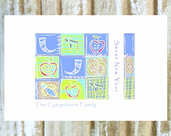 Rosh Hashanah Card Set, Personalized Jewish New Year Card Set. Set of 12 cards. Modern, Playful. Apples, Honey, Shofar, Chai, Bee
