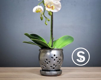 Hilo 2018 Edition (SMALL 4.5") Handmade Ceramic Orchid Pot With Attached Saucer, Orchid Planter, Glazed Pottery | Gift