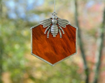 Stained glass bee suncatcher, beehive honeycomb, queen bee ornament, home decor, bee keeping gift, bee decorations, bumble bee hive