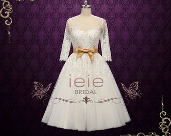 Vintage Style Lace Tea Length Wedding Dress with Gold Accents | Paula