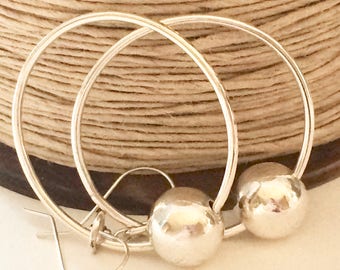 Sterling Silver Large Hoop Earrings with Silver Orb Bead, Handmade